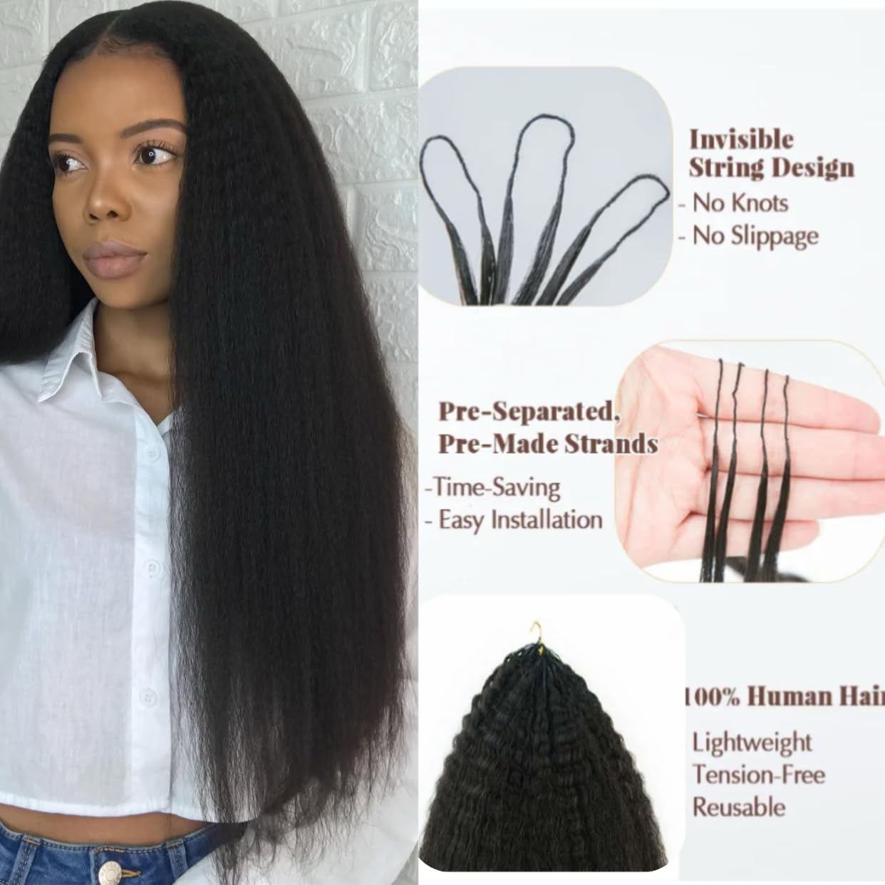 Knotless Pre-Separated Crochet Hair Extensions Human Hair Kinky Straight Feather Crochet Braid Hair Extensions 100% Human Hair Natural Color 100g/pack