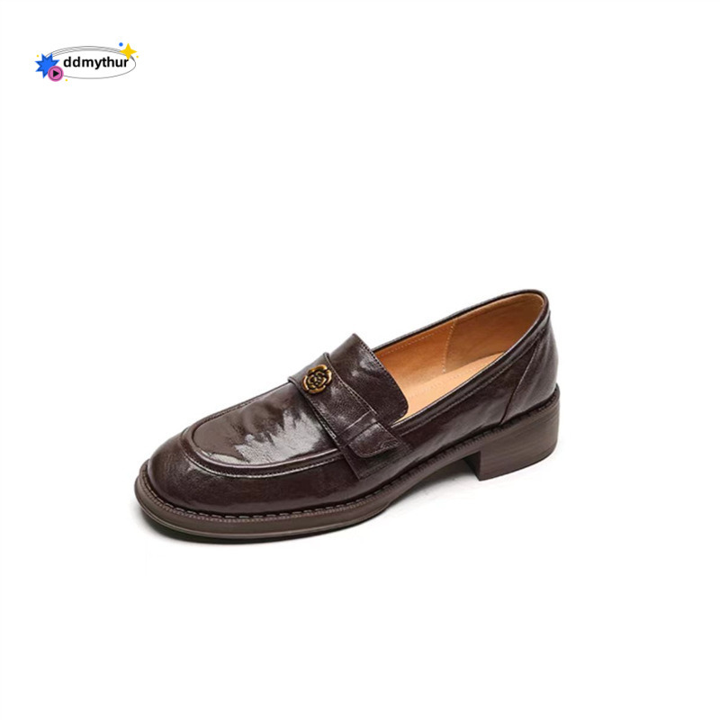 Cowhide Version ~ Genuine New Thick-Soled Camellia Slip-On Loafers for Women British Style Small Leather Single Shoes ddmythur