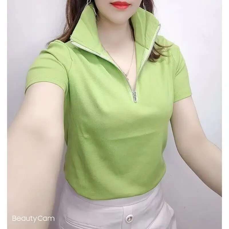 Polo Neck Shirt for Women Plain Slim Cotton Red Womens Woman T Clothing Trend 2025 Pulovers Korean Style Luxury in Fashion
