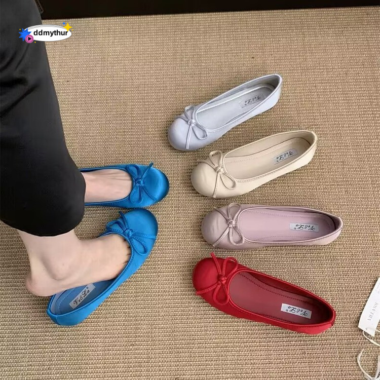 Red Shallow Mouth Single Shoes for Women Spring New French Style Gentle Fairy Blue Ballet Flat Loafers ddmythur
