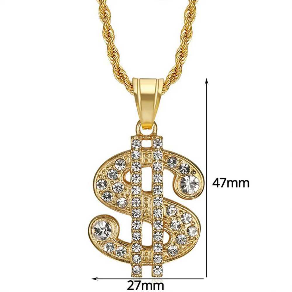New Arrival Mens Hip Hop Rapper Gold Color Iced Out Bling Dollar Sign Pendant Stainless Steel Money Necklaces With Rope Chain Jewelry V250616
