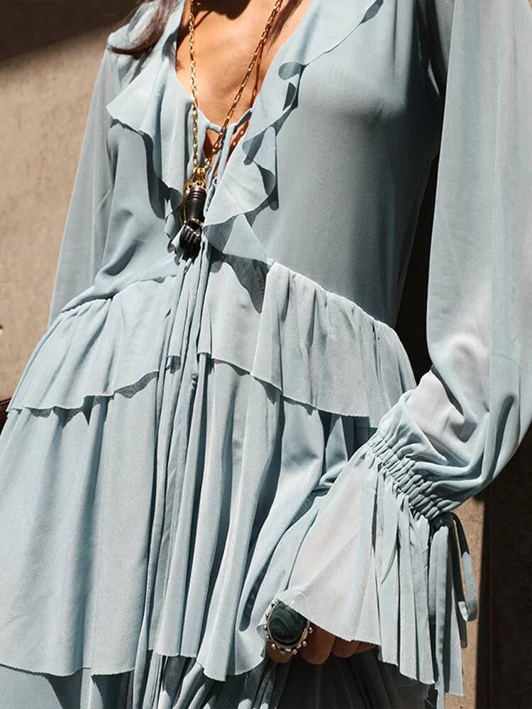 Designer Ruffles Shirt Skirt Suits Women V-Neck Lace Up Flare Long Sleeve Tops High Waist Irregular Hem Skirts Chic Ladies Sets