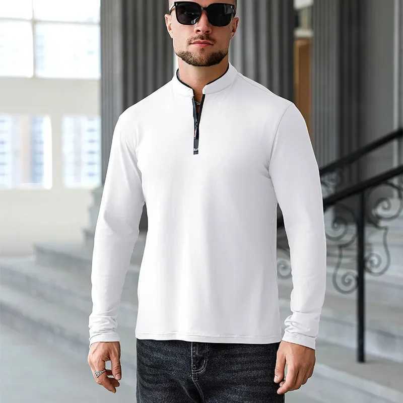 2025 New Mens Casual Fashion Zipper Solid Color Long Sleeve Polo Shirt Stand Up Collar Versatile Comfortable Top W250616