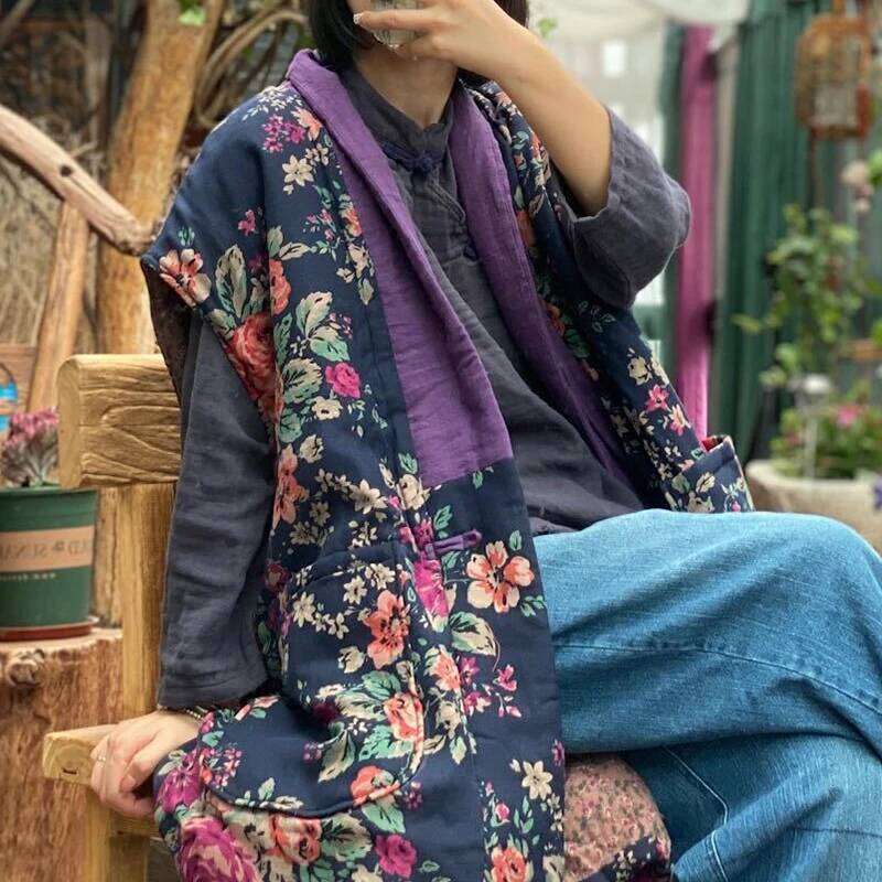 Johnature Women Cotton Print Floral Long 2024 Winter Vintage Coats Chinese Style Sleeveless V-Neck Patchwork Pocket Vests