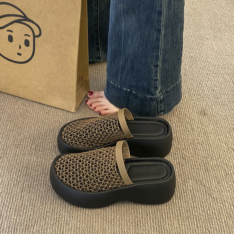 Ddmysports Wedge High Heel Fishnet Hollow Out Closed Toe Mules Women S Shoes Outdoor Summer Internet Celebrity Thick Sole Sandals Outdoor Shoes