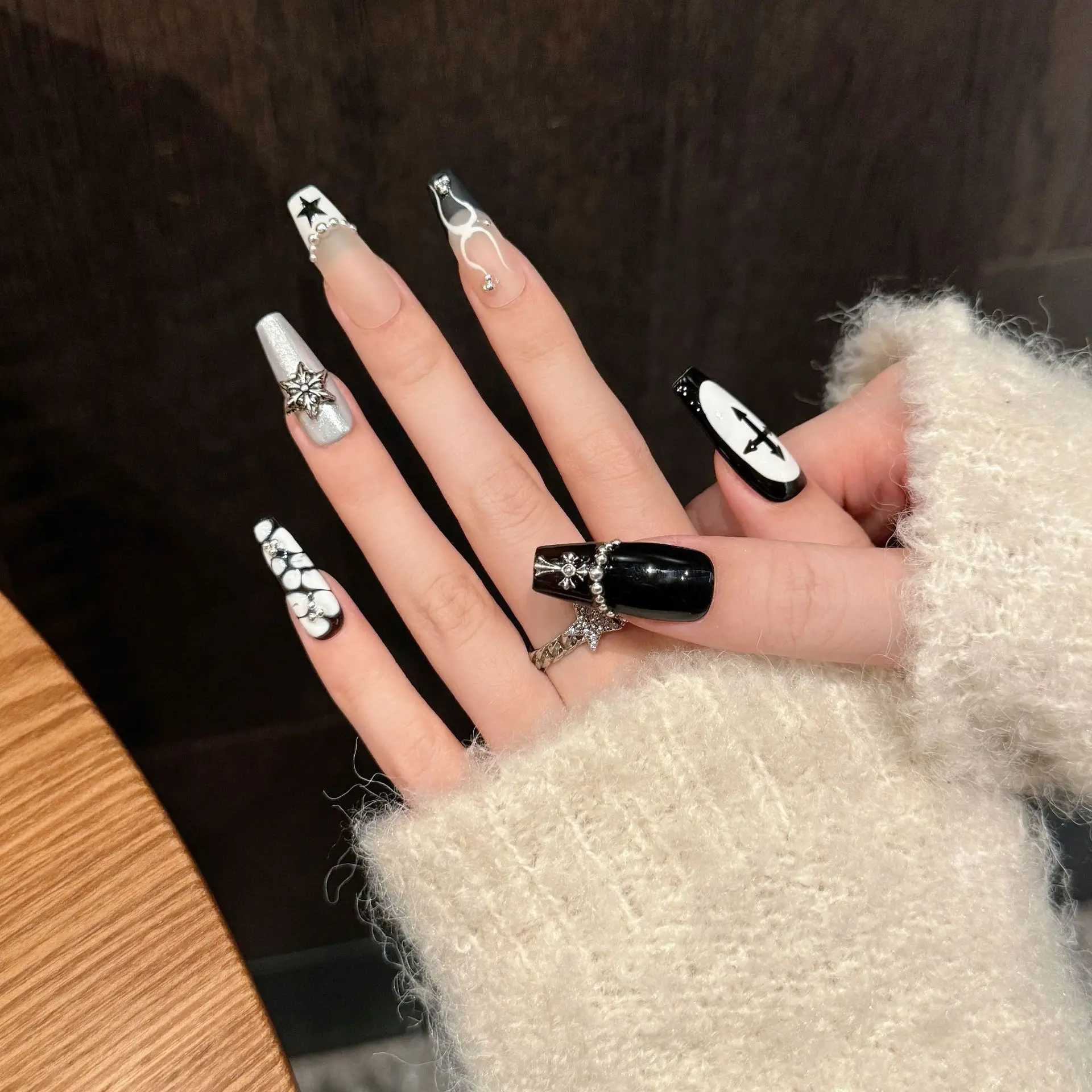 10pcs Y2k Black French Press On Nails Handmade Crocodile Pattern Five-point Star False Nails Metal Punk Style DIY Manicure Art R250616
