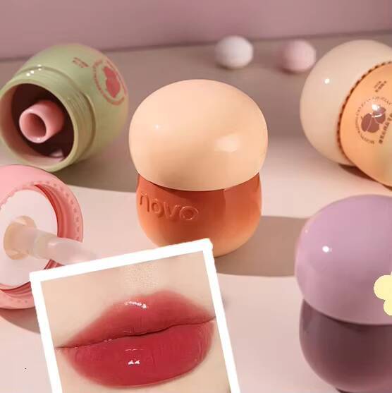 Cute Chubby Mushroom Gloss Red Lips Tint Creamy Jelly Lip Glaze Matte Liquid Lipstick Mud Waterproof Lasting Makeup Cosmetic happy