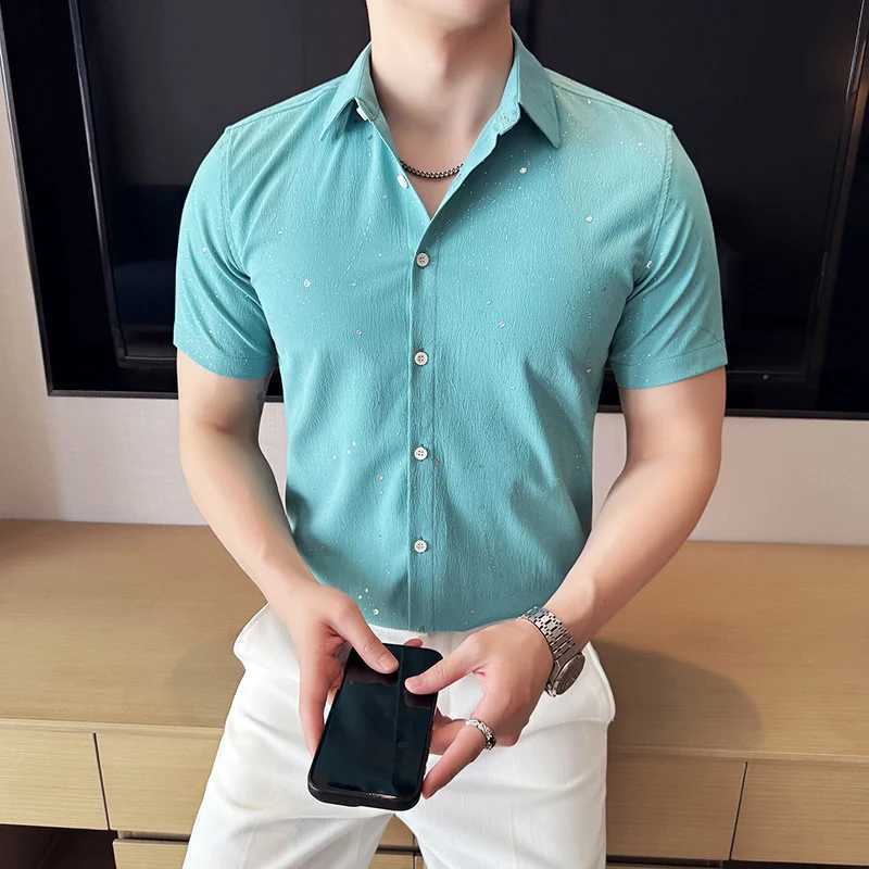 Mens Shirt 2025 Summer New Korean Fashion Short Sleeved Shirt Starry Sky Hot Stamping Casual Solid Color Top Social Shirt W250616
