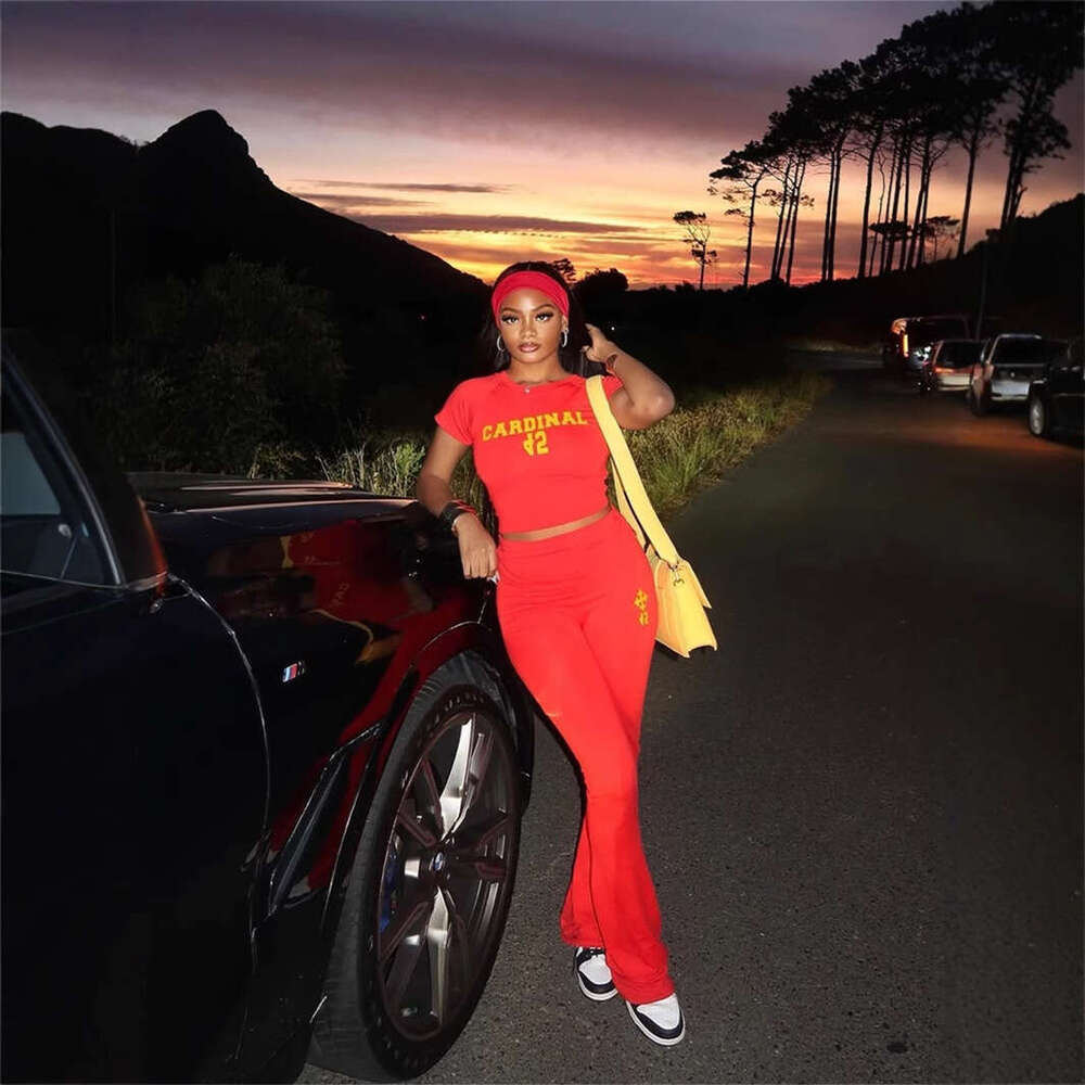 New Sports Style Fashion Printed Slim Fit Sexy Short Sleeve Top And Long Pants Set For Women B5