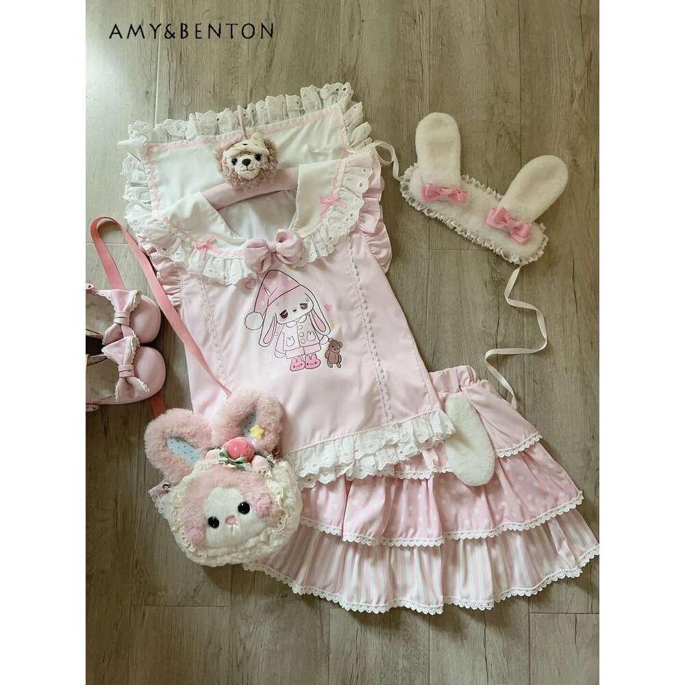 Kawaii Girl Sets Original Sweet Cute Cartoon Print Lace Navy Collar Sleeveless Top Multi-Layer Tutu Skirt Two-Piece Set