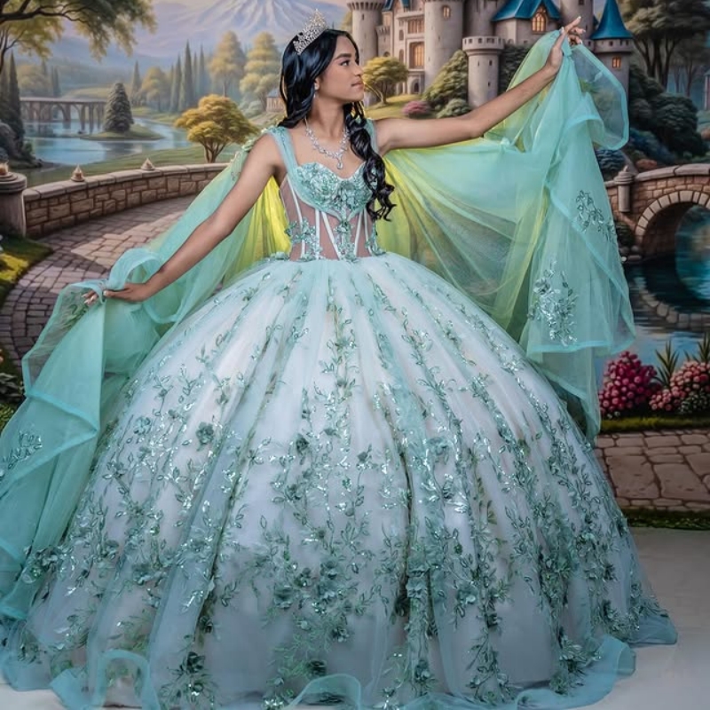 Mint Green Quinceanera Dresses Ball Gown Off The Shoulder Applique Flower Beading Crystal With Cape Tull Sweet 16 Dress Vestidos 15 Anos