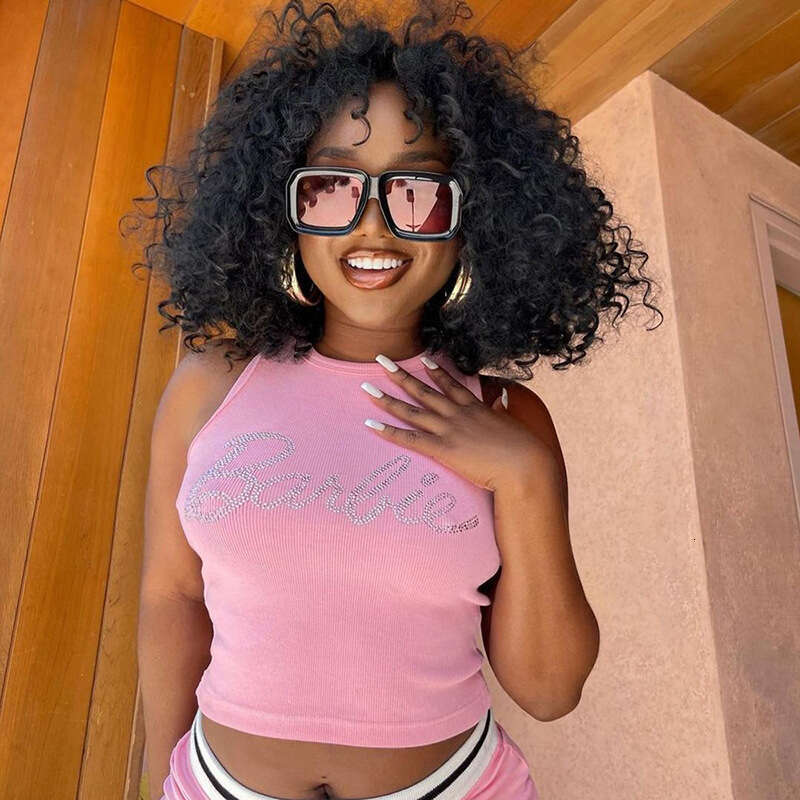 M23tp 358 Summer Round Neck Pullover Letter Rhinestone Crop Sexy Hot Girl Vest Top B5