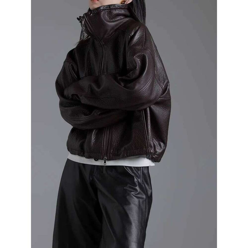 Lautaro Spring Autumn Cool Waterproof Short Brown Pu Leather Jacket Women with Long Raglan Sleeve Zip Up Designer Clothes