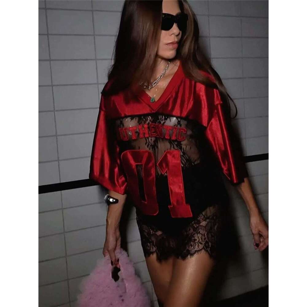 New Fashion Loose Versatile Hollow Lace Patchwork Short Sleeve V-Neck Sheer Sexy Top T-Shirt For Women B5