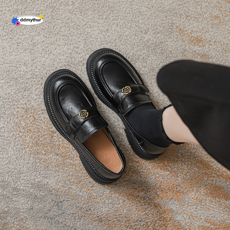 French Style Soft Cowhide Black Camellia Loafers Spring and Autumn Slip-On Thick Sole Women's Shoes ddmythur