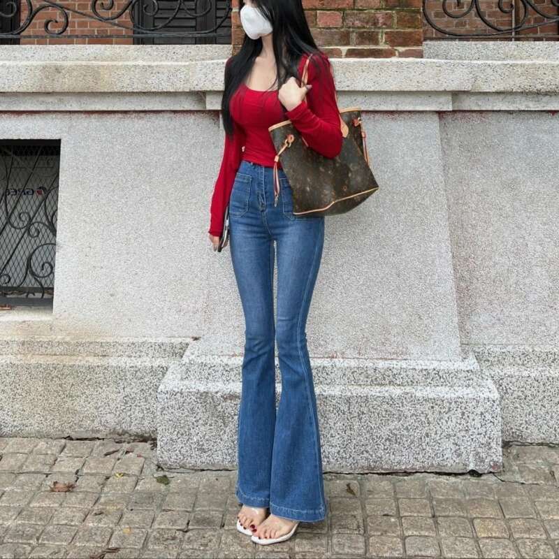 Womens Flare Jeans Skinny Slim Fit Solid Color Cowboy Pants for Woman Good Quality Pant Clothes 90s Xxl Z Bell Bottom Trousers