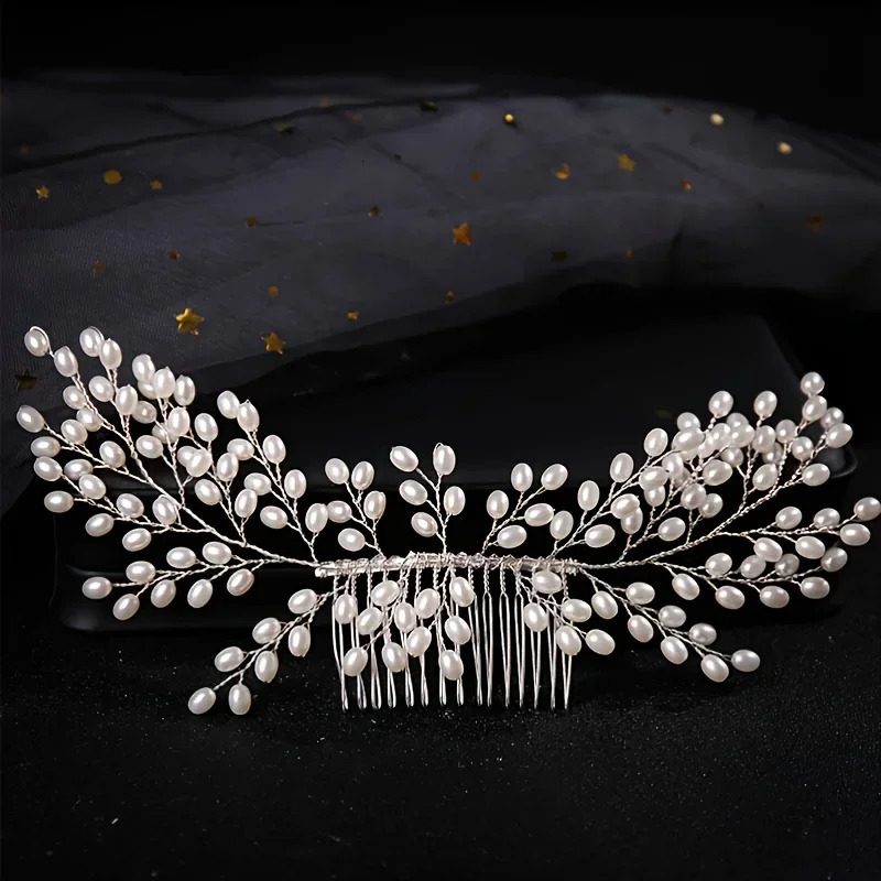 Silver Color Pearl Hair Comb Pin Band Headband Tiara For Women Bride Party Wedding Bridal Hair Accessories Jewelry Comb Band 250610