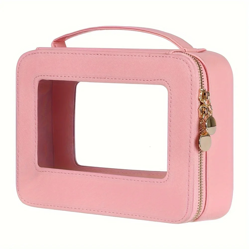 Minimalist Solid Color Makeup Handbag with Clear Window Lightweight Zipper Toiletry Wash Bag for Travel 250614