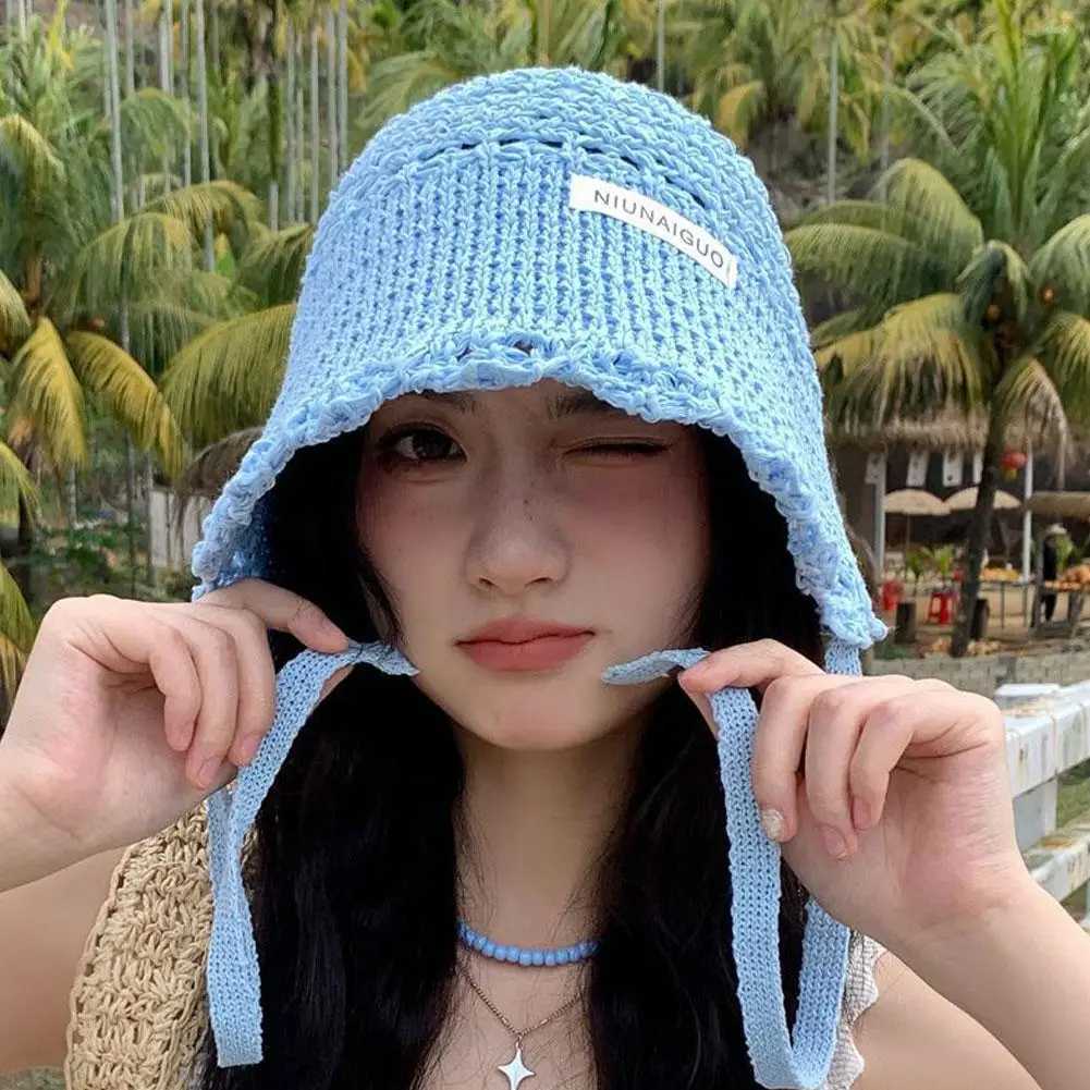 Korean Style Womens Fisherman Bucket Hat Breathable Lace-Up Sun Hat with Wide Brim Lightweight Knitted Summer Beach Hat M250616
