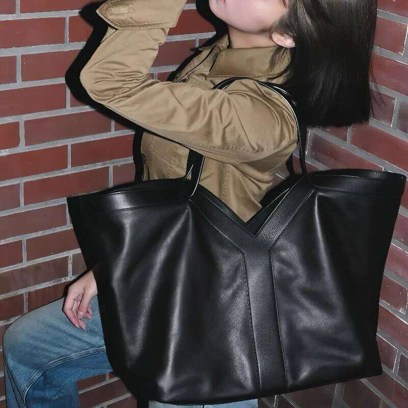 2025 Simple Tote Design Large Capacity Soft Y-shaped Genuine Leather Light Solid Color Commuter Underarm Bag