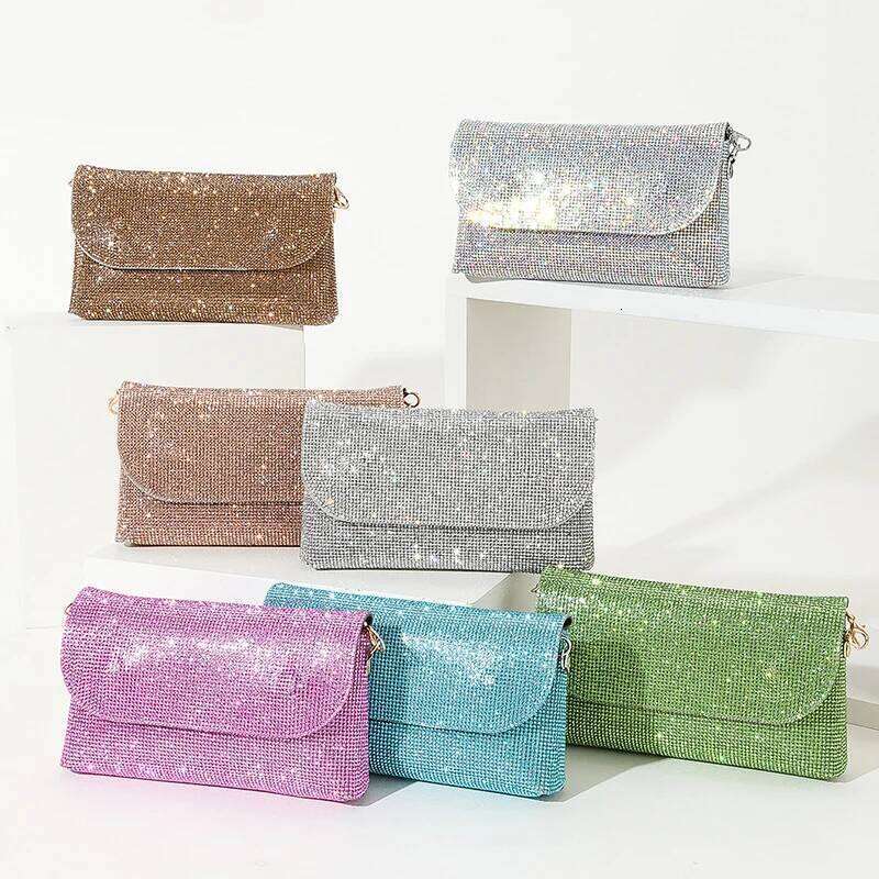 Long Dia Purse For Women Shiny Rhinestone Crystal Evening Bag Fashion Chain Shoulder Crossbody Flap Day Clutch Pink XA758HB