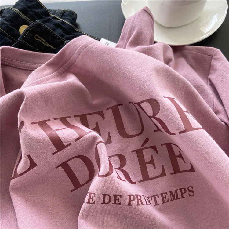 Pink Short Sleeve T-shirt Womens Loose Casual Round Neck Letter Print Thin Top 250614