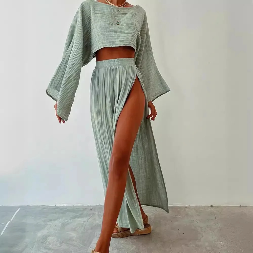 2025 Casual Solid Skirt Sets Vacation Blended Short Top High Waist Chic Slit Casual Two Piece Sets Womens Outifits 250609