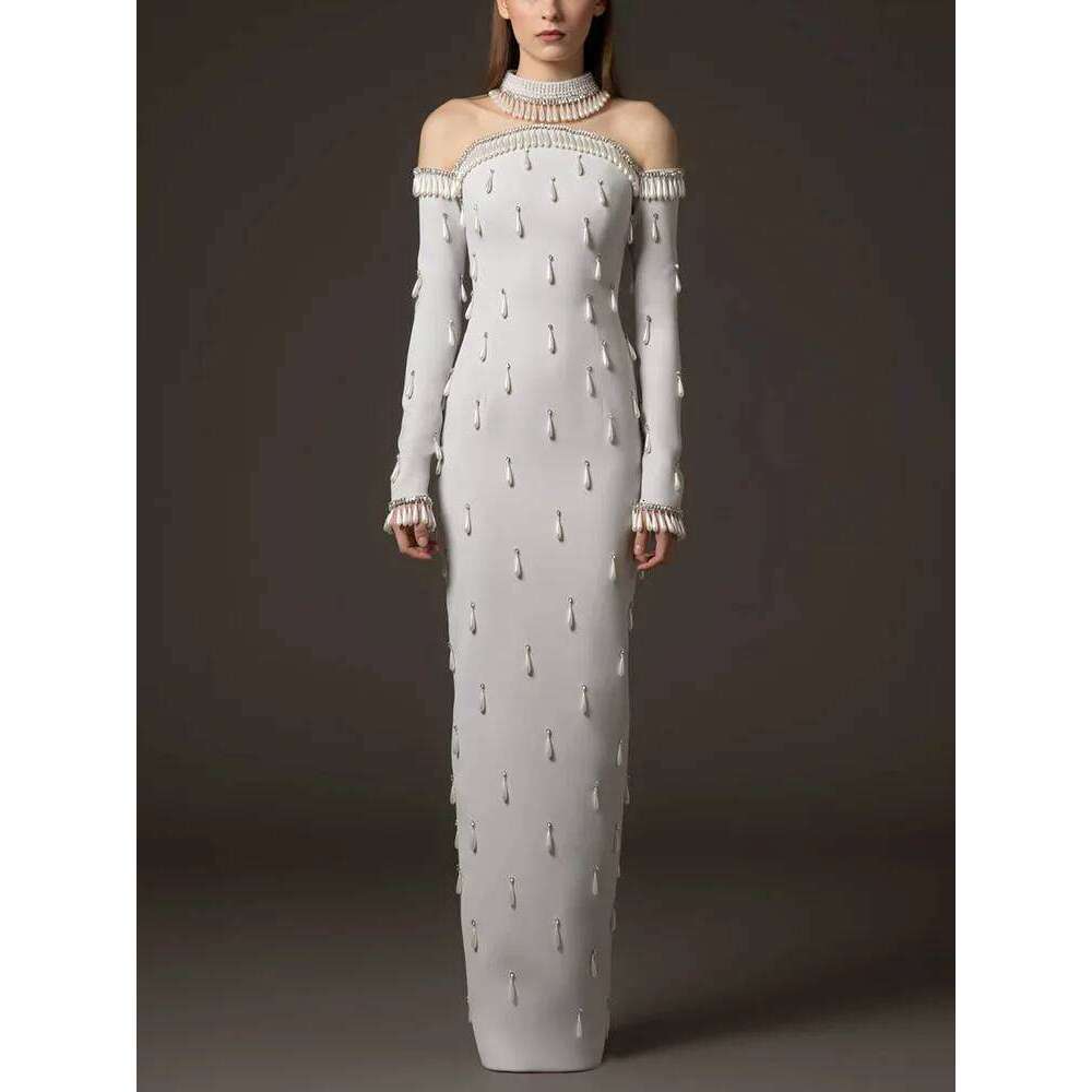 HIGH STREET Newest 2025 Designer Vestido Women's Spliced Mesh Dias Beaded Sleeved Floor Length Maxi Long Dress