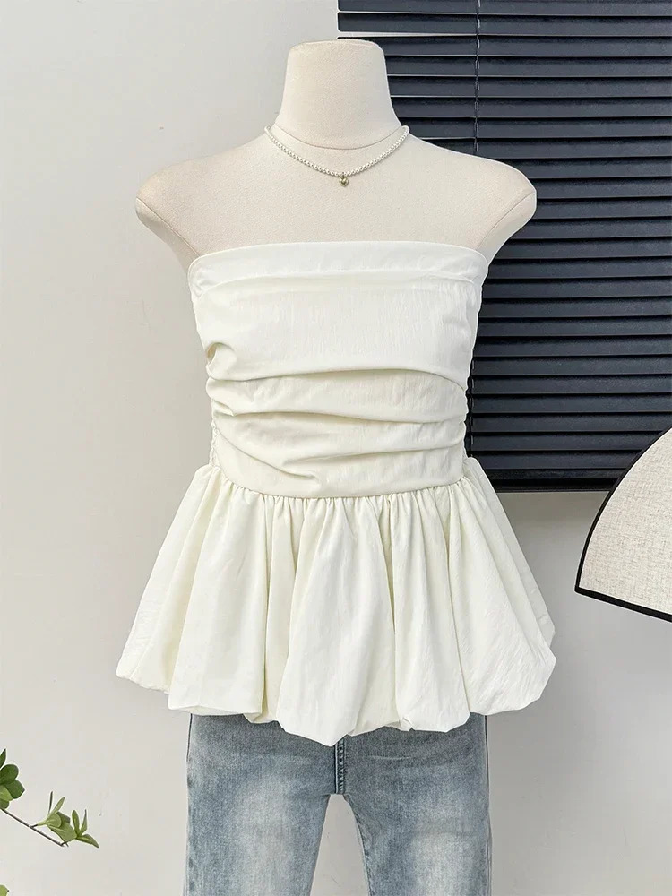 Kimotimo French One Shoulder Pleated Slim Tube Top Women Sexy Waist Ruffled Sleeveless Vests Summer Y2k Solid All Match Tanks 250614