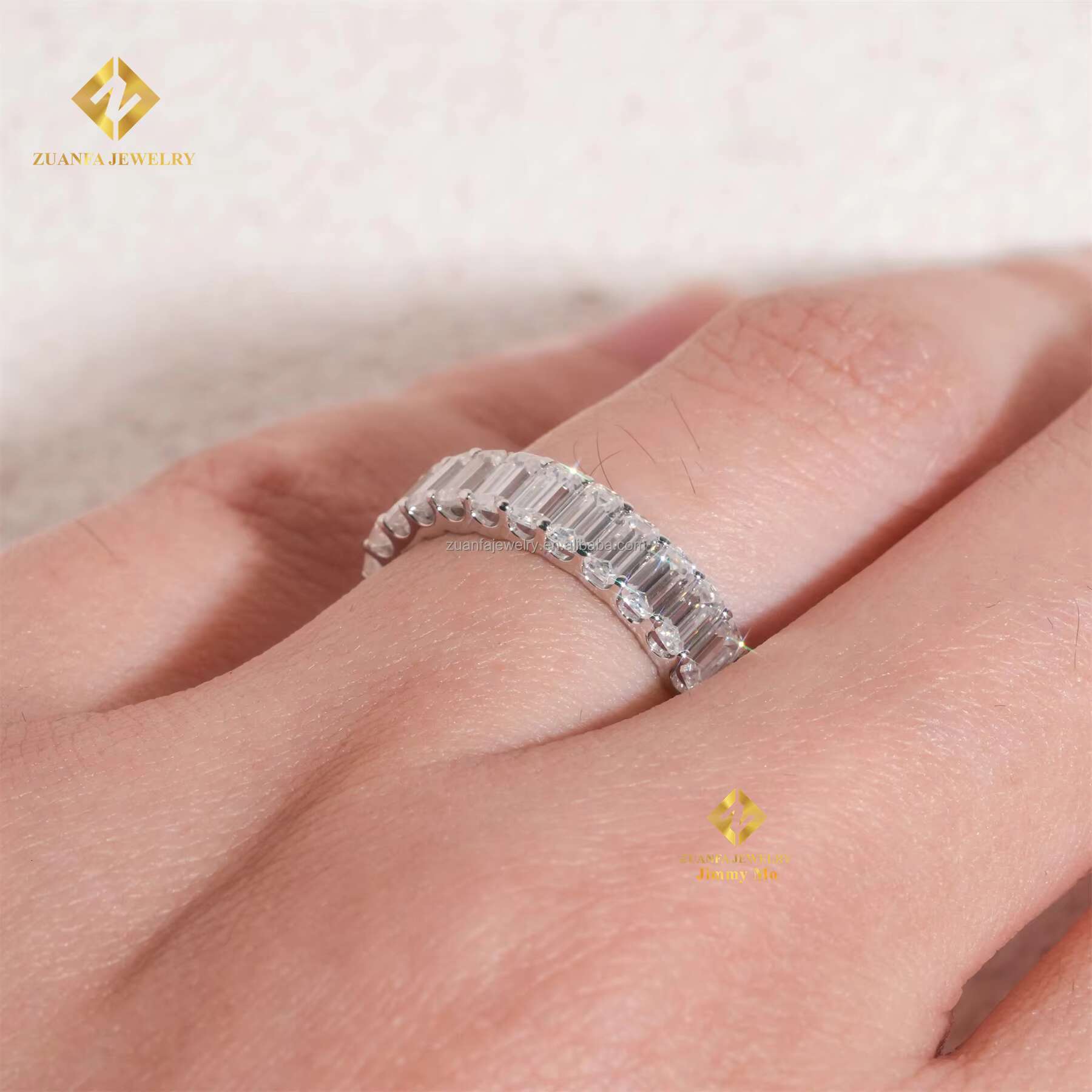 Retail Price Best Selling 925 Silver White Gold Plated Women Emerald Cut VVS Moissanite Diamond Eternity Band Engagement Rings