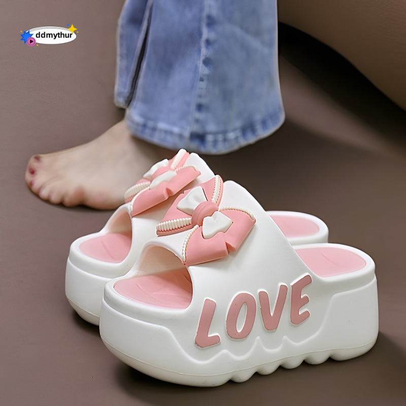 Summer New Thick-Soled Women's High-Heeled Home Fashion Bowknot Bathroom Slippers, Suitable for Indoor and Outdoor Use ddmythur