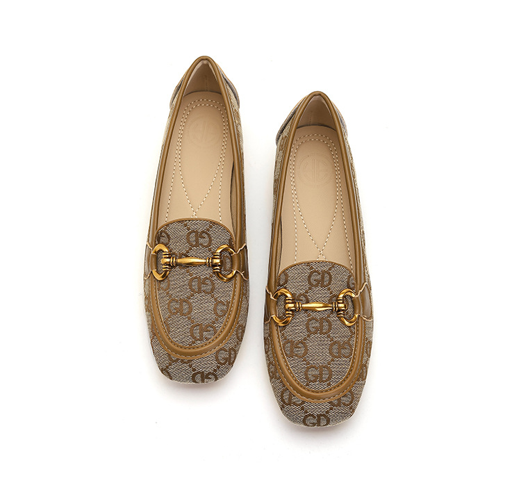New Style Gold Button Embroidered Elegant Dress Shoes Party Versatile Fashion Letter Printed Low Heel Shoes Black Brown White