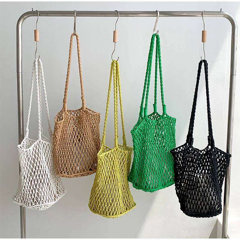 Fashion New Woven Straw Hollow Shoulder Large Capacity Tote Handmade Cotton Linen Net Beach Holiday Bag