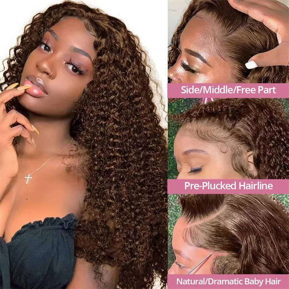 Chocolate Brown 13x6 HD Front 100% 13x4 Curly Human Hair Wigs Deep Wave 30 Inch Lace Frontal Wig