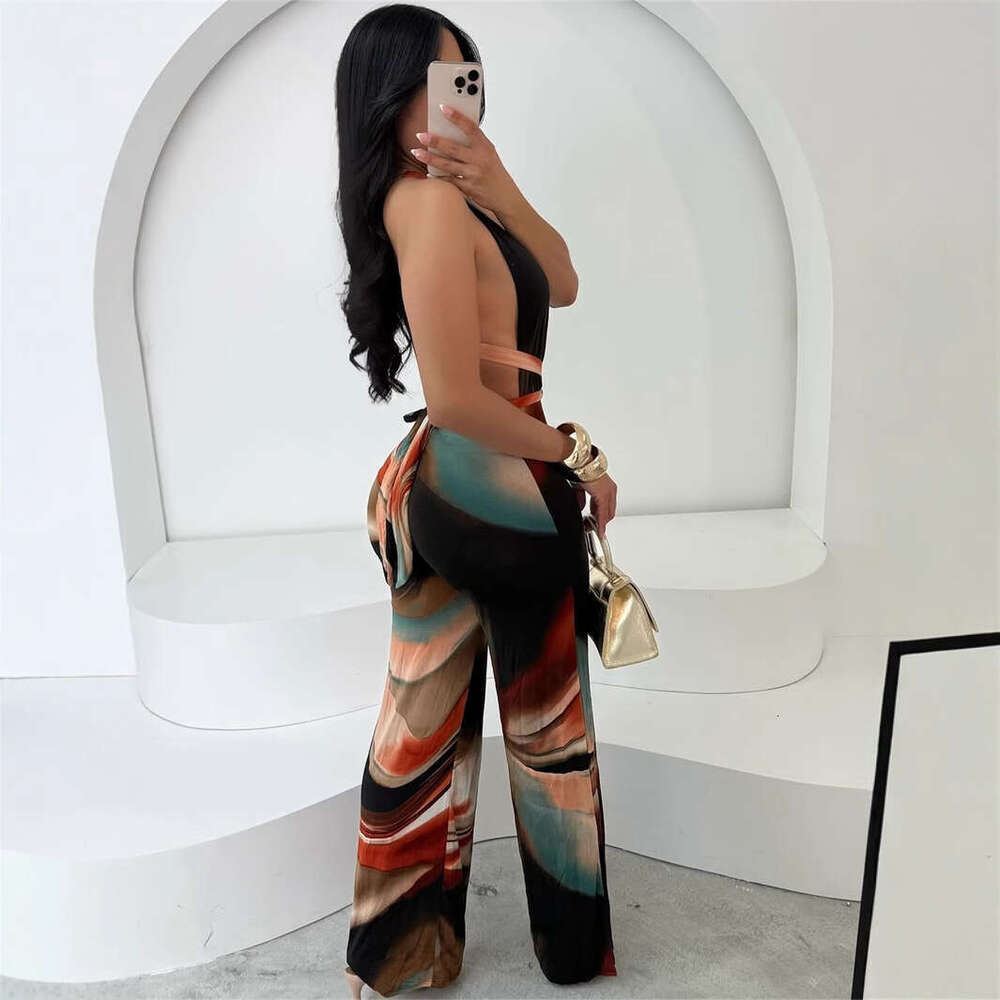 New Women's Halter Neck Sheer Digital Print Sexy Fashion Jumpsuit B5