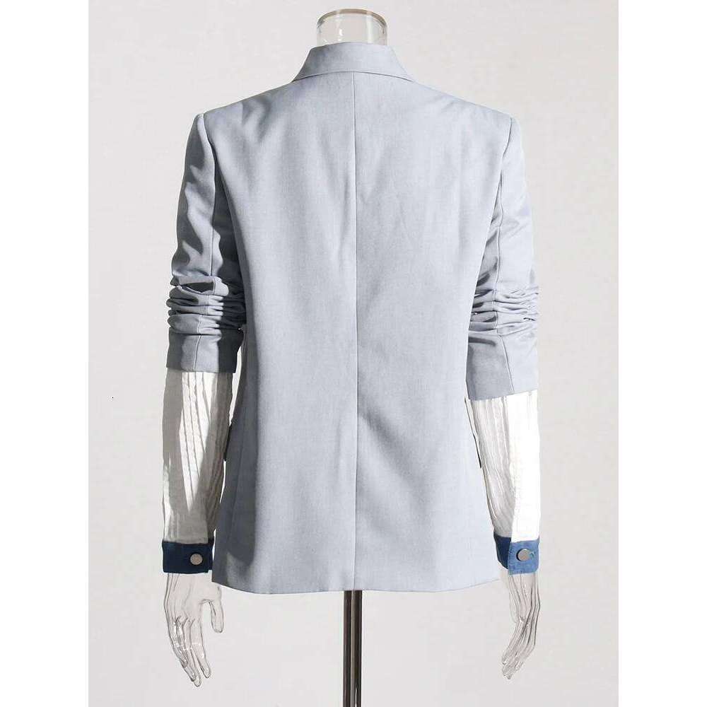 ROMISS Streetwear Colorblock Blazers For Women Notched Collar Long Sleeve Patchwork Denim Casual Temperament Blazer Female New