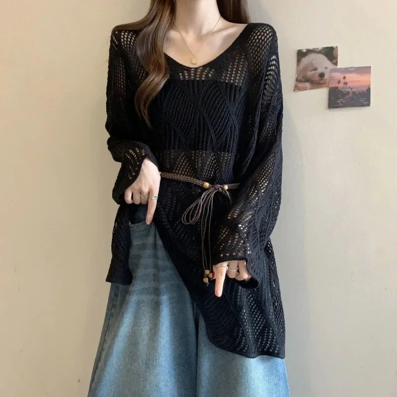Plus Size Knitted Sweater with Belt Hollow out Fashionable Spring Summer Slimming Womens Top Full Sleeve round Neck 250614