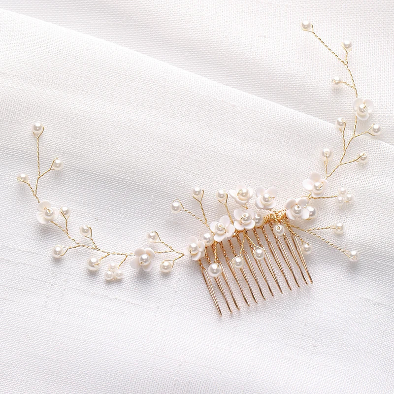 Gold Tiara Hair Combs Pearls Hair Accessories For Party Handmade Women Headbands Hair Ornaments Fashion Jewelry 250610