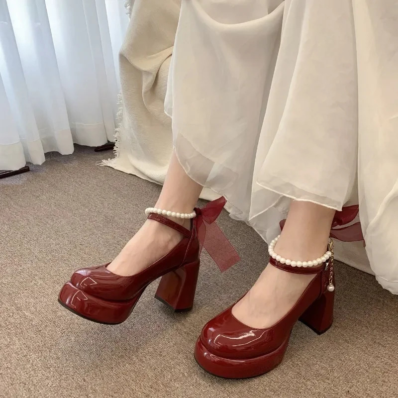 Mary Jane Shoes Womens Spring Ultra-high Heel Pearl Chain with Platform Block Heel Wedding Shoes Lolita Shoes 250614