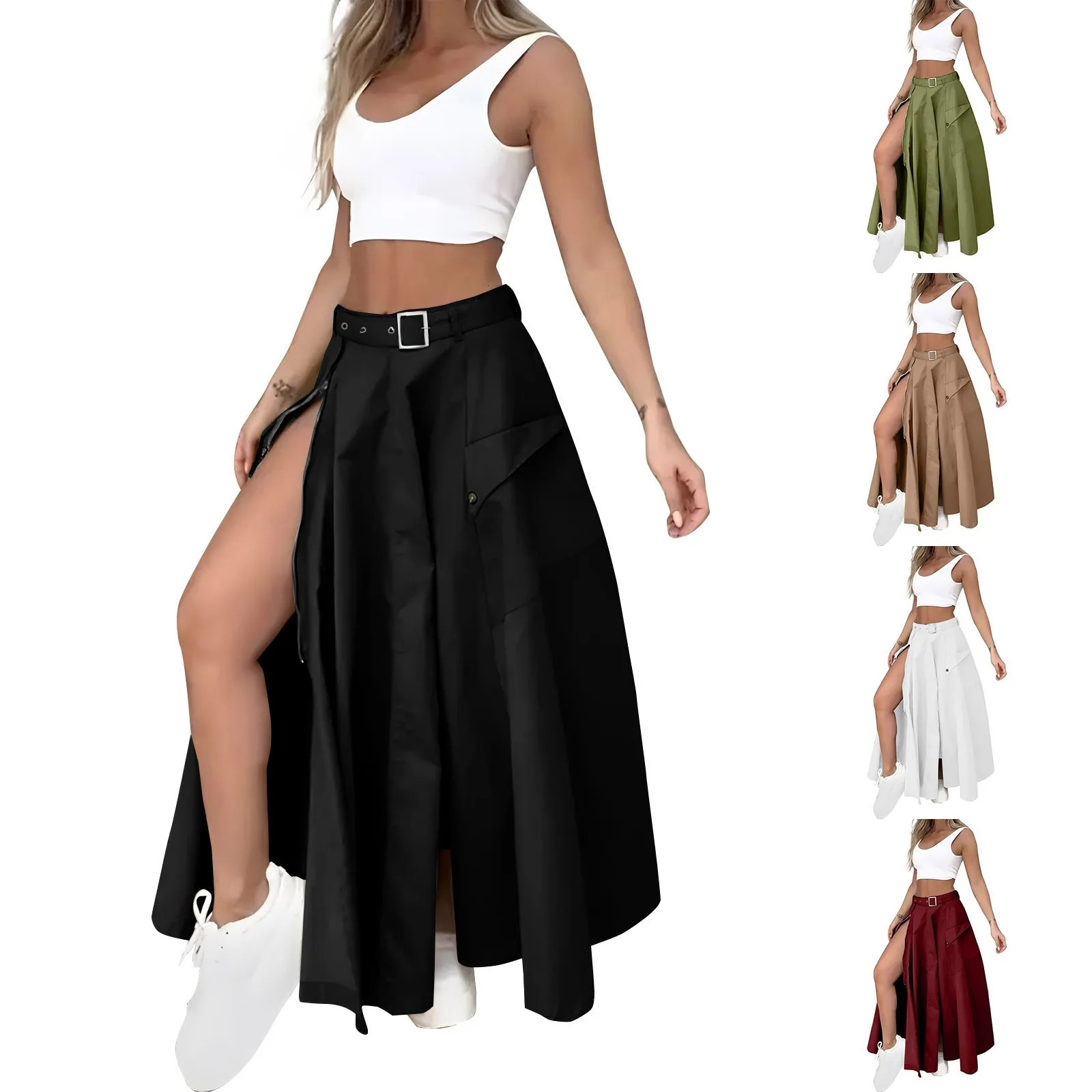 Women Striped Two Pieces Vest Tops Skirt Set Knit Solid Color V Neck Sleeveless Crop Tank Side Split Midi Skirts Sets 250609