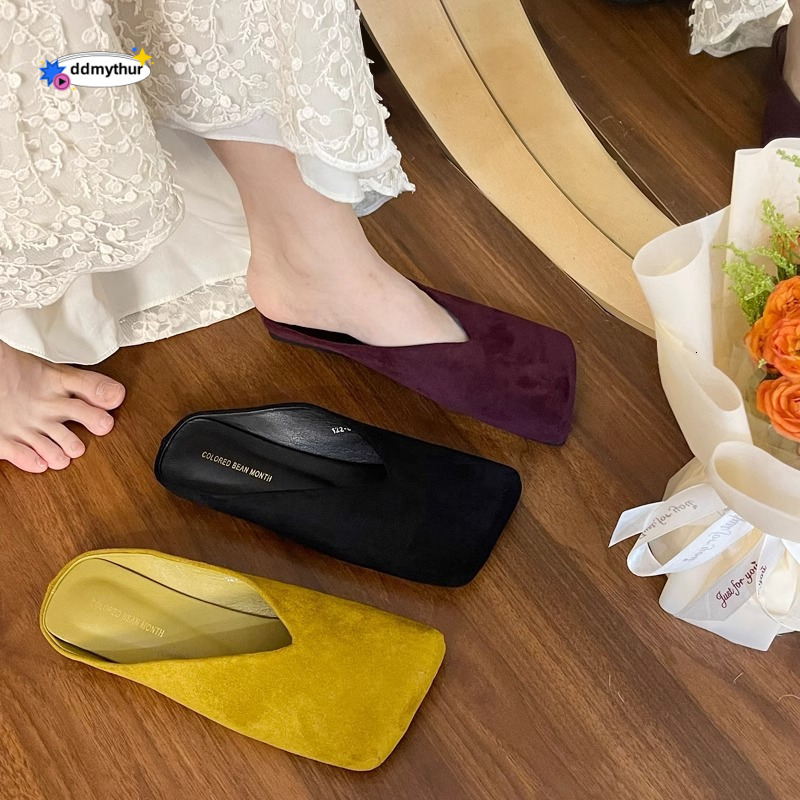 Baotou Half Slippers for Women, Outdoor Wear, 2025 Spring and Autumn New Style, Niche Square Toe, Shallow Mouth, Velvet Soft Sole Mules ddmythur