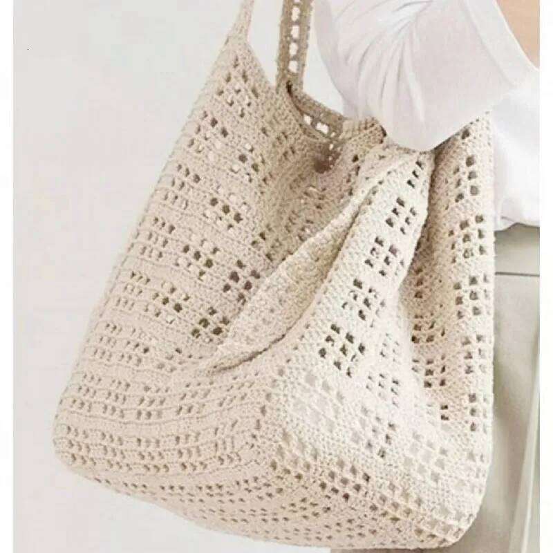 Hollow out Women's Shoulder Handmade Hook Weave Leisure Shopping Large Capacity Beach Summer Cool Checker Bag