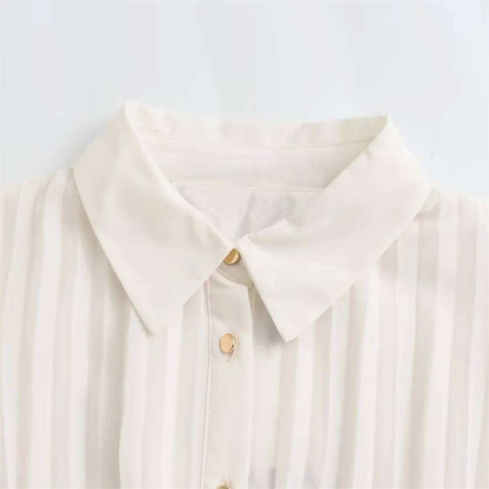 2025 Spring New Product Women's Fashion Casual Slimming Flip Collar Long Sleeves With Belt Midi Pleated Dress