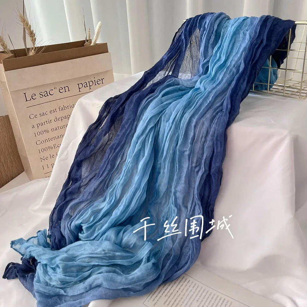 Scarf Cotton Hemp Gradient Blue Autumn/Winter Retro Versatile Printed Womens Long Fold Shawl Elegant and Fashionable 250610