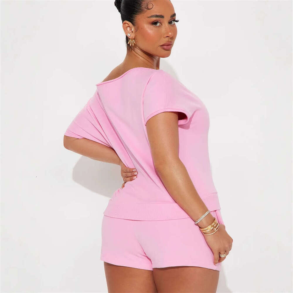 Summer American Style Digital Print Off-Shoulder Asymmetric Neck Top And High-Waisted Bodycon Shorts Set For Women B5