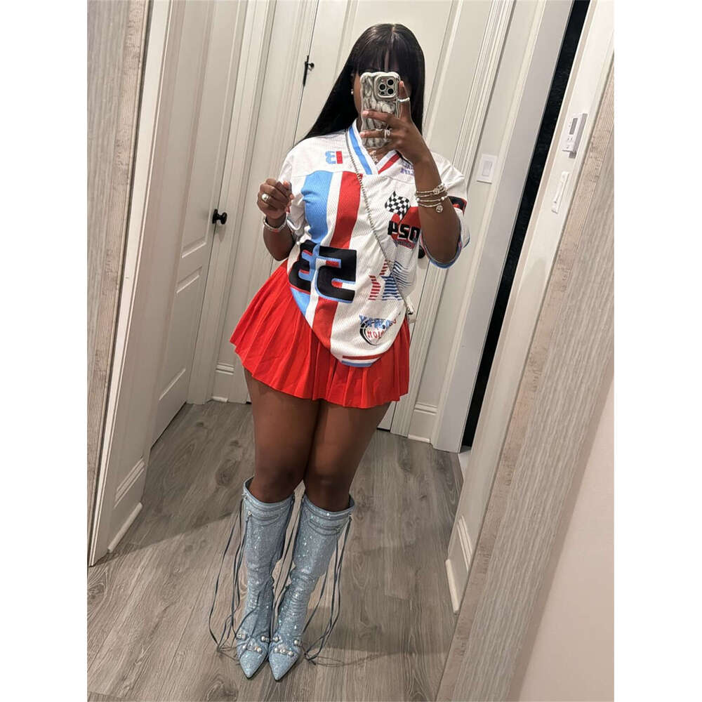 Autumn New Loose Simple Printed American Style Sports Casual Short Sleeve Color Block T-Shirt Top B5