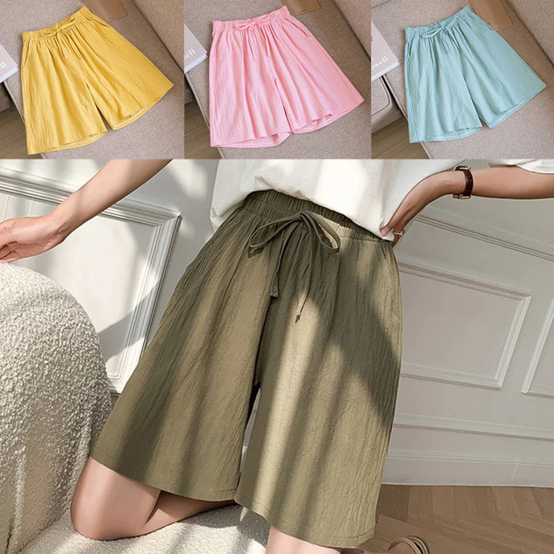 Womens Korean Cotton Linen Casual Shorts Summer Fashion Solid Elastic Waist Fifth Pants Comfortable Breathable Bikers Shorts 250614