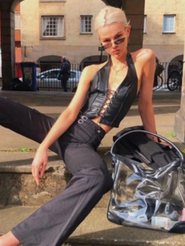 Sisterlinda Sexy Punk Y2K Black PU Leather Crop Top Womens Sleeveless Deep V Neck Backless Camisole Fashion Party Club Vests 250614