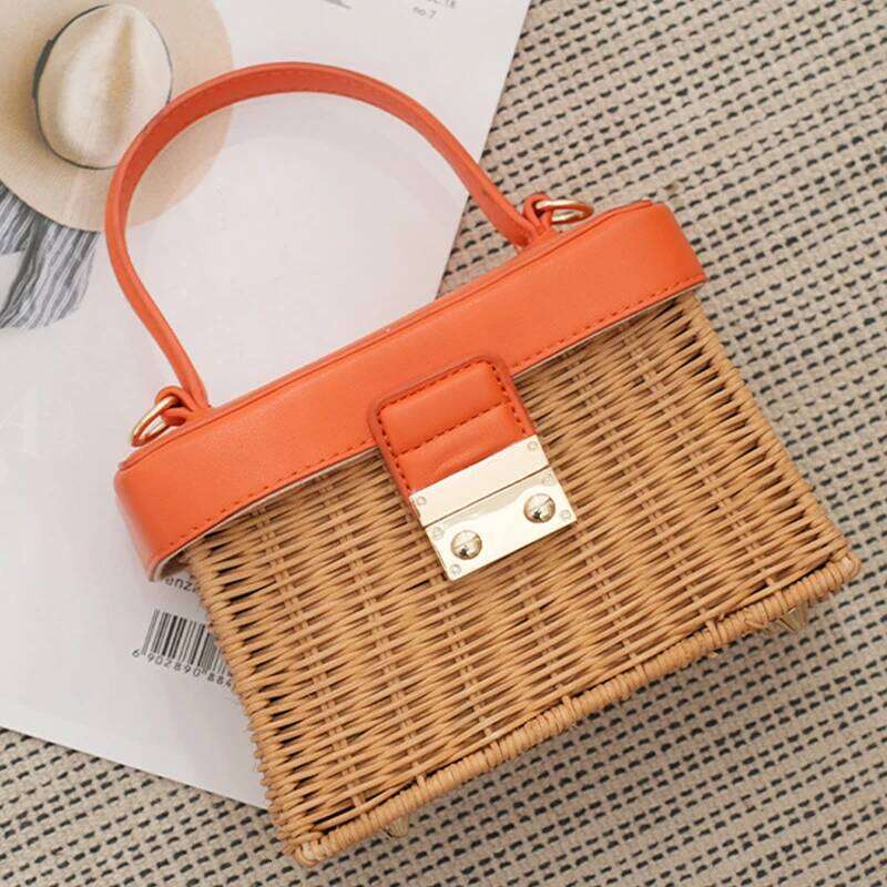 Trend Women's Straw Square Handmade Woven Tote PU Leather Top Handle Rattan Purses Boxes Lady Summer Beach Basket Bags