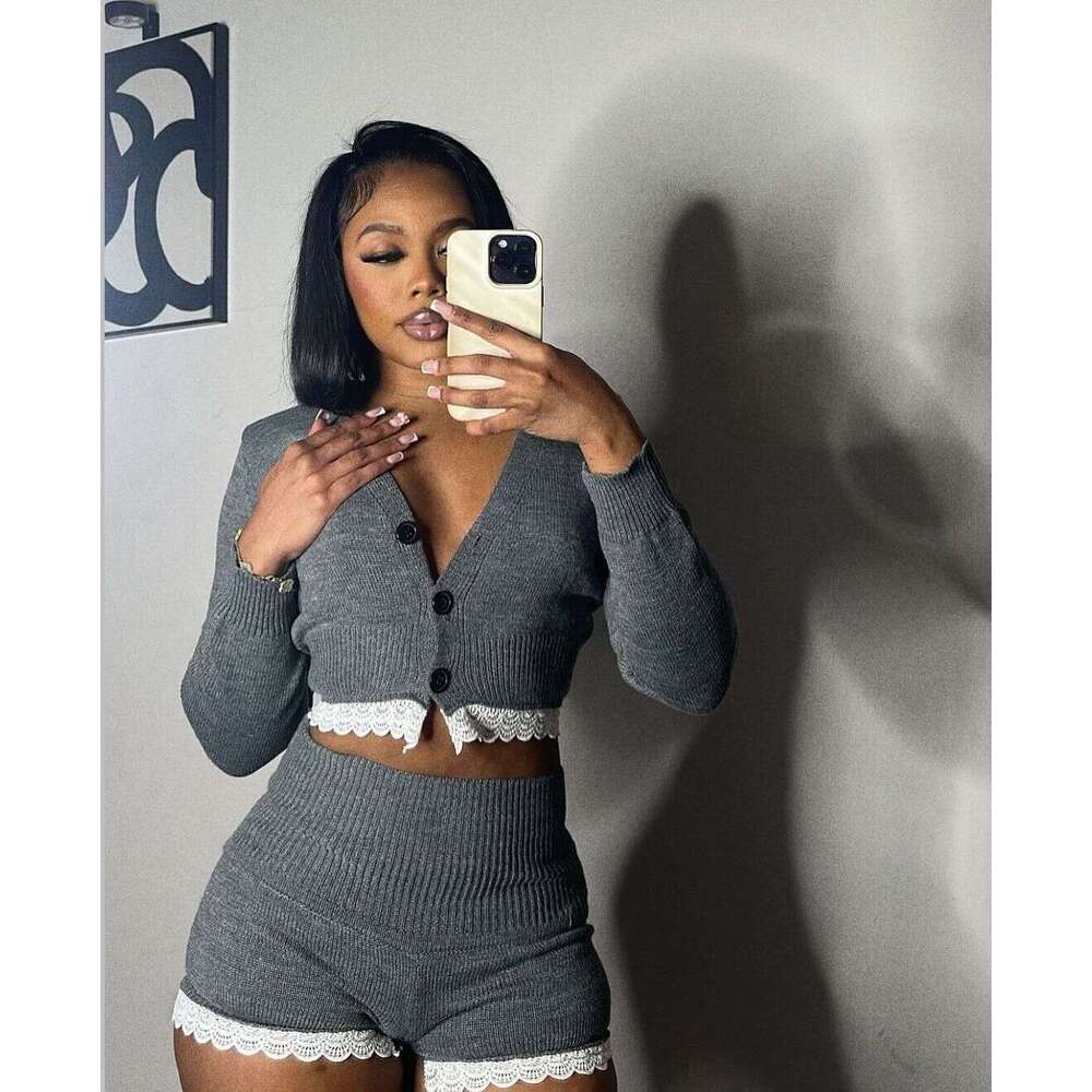 Autumn New Solid Color Lace Trim Girl's Fashion Cardigan Jacket Long Sleeve Top Shorts Set B5